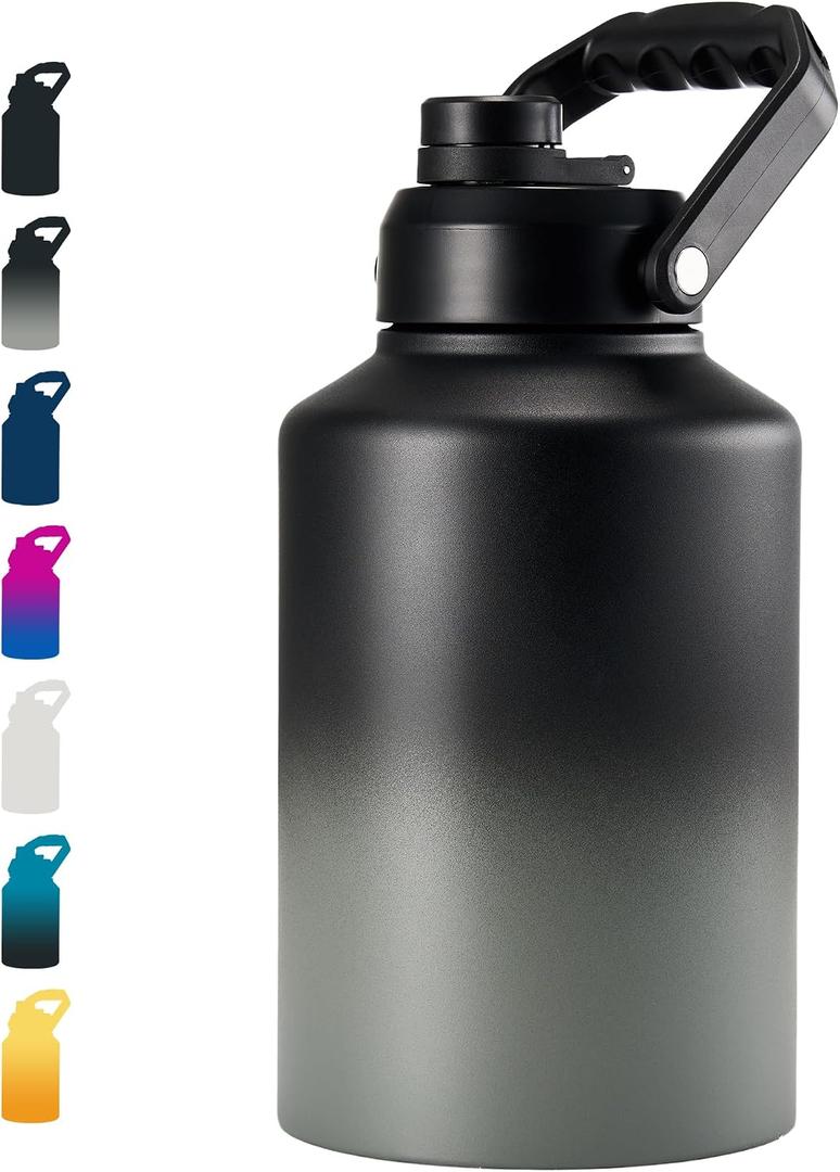 Fijinhom Insulated Gallon Jug, Large 128oz Stainless Steel Insulated Water Bottles with Handle, Leak proof, Double-Wall Vacuum Insulation for Construction Sites, Camping and Hiking, Black&Grey