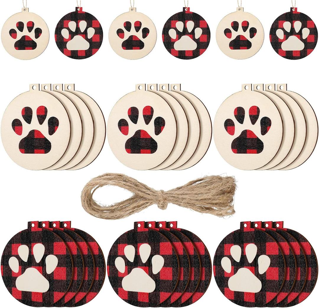 Maitys 30 Pcs Christmas Wooden Dog Paw Ornaments Buffalo Plaid Paw Print Xmas Tree Hanging Tag Cat Claw Xmas Hanging Ornaments with Ropes for Holiday Christmas Tree Decor