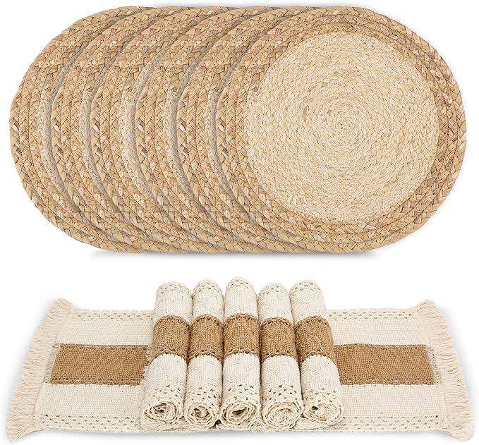 Zology Handmade Boho Placemats Set of 6 - Natural Cotton Burlap and Water Straw Woven Combination Table Mats, Macrame Décor and Farmhouse Style Placemats, for Dining Table Kitchen, 36*36