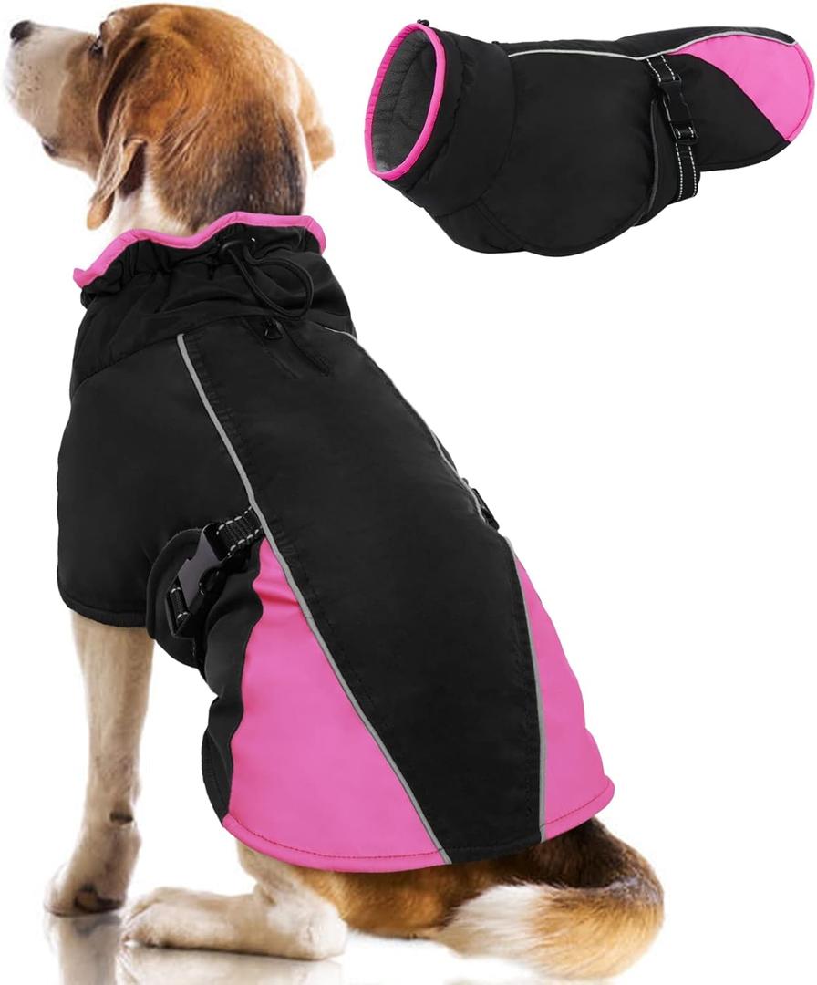 Warm Dog Jacket in Winter, Winter Dog Fleece Coat, Soft Pet Coat for Dogs with Reflective Strip Cozy Turtleneck Waterproof Clothes for Doggy, XL Pink