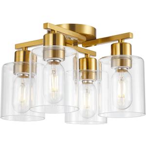 4 Light Semi Flush Mount Ceiling Light Brushed Gold Kitchen Lighting Fixtures Ceiling Brass Hallway Cieling Lights Fixture with Clear Glass Shade for Bedroom Dining Room