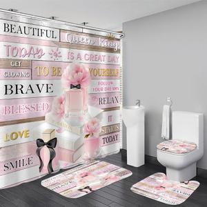 AZHM 4Pcs Shower Curtain Set Pink Fashion Floral Bathroom Decor Inspirational Quotes Bathroom Shower Curtain with Rugs and Accessories Girly Perfume Bathroom Set