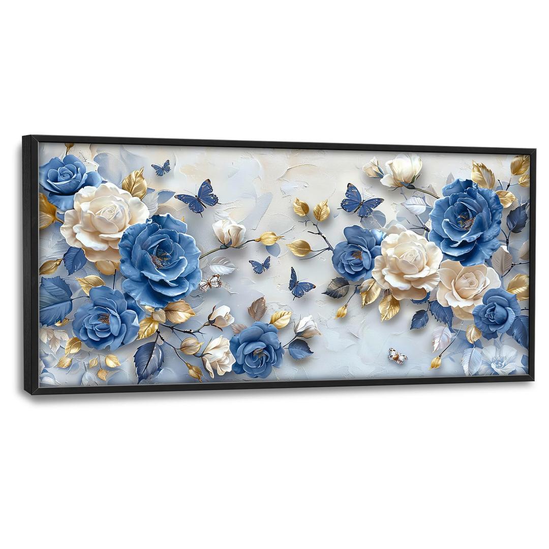 Framed Large Wall Art for Living Room, Blue and White Florals Canvas Wall Decor, Flowers Pictures Painting, Modern Artwork for Living Room Bedroom Office 60L'' × 30W''