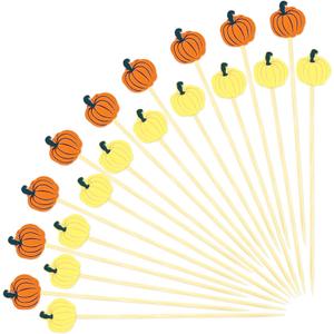 4 x 100Pcs Fall Pumpkins Cocktail Picks 4.7 Inch, Pumpkins Fancy Toothpicks Bamboo Appetizer Toothpicks Fruit Skewers for Food Sandwich Drinks Autumn Theme Thanksgiving Day Party Decorations