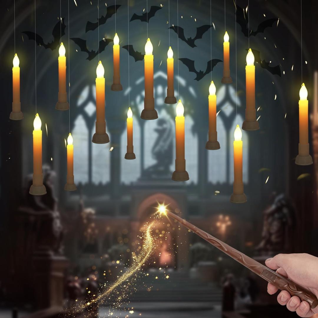 Homemory 12 Pcs Hanging Floating Candles with Wand Remote (Battery Include), Magic Deco Candles, Flameless Taper Candles Can be Used as Window Candles for Halloween Party Decor, Warm White