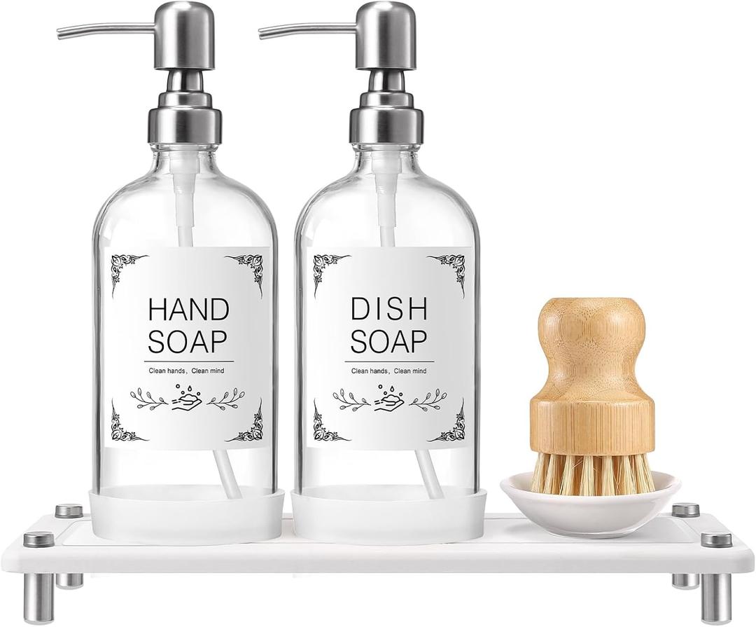 Kitchen Soap Dispenser Set, 16Oz White Glass Dispenser with Stainless Steel Pump, Instant Dry Tray, Waterproof Labels, Non-Slip Silicone Pad, Luxury Soap Dispenser Set for Kitchen, Bathroom