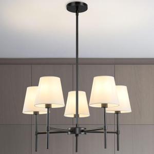 Dining Room Chandeliers Light - 5-Light Black Modern Chandeliers Light Fixtures with White Fabric Shade, Height Adjustable Pendant Island Lights for Entryway Farmhouse