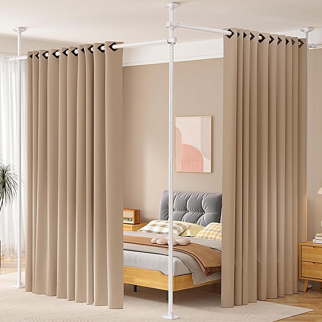 SUNALLY Room Divider No Drilling Curtain Rod Wall Divider for Room Separation, 4-10ft(H) 28-114inch(W) Adjustable, Heavy Duty Partition Space Separator Freestanding Tension Curtain Stand, White