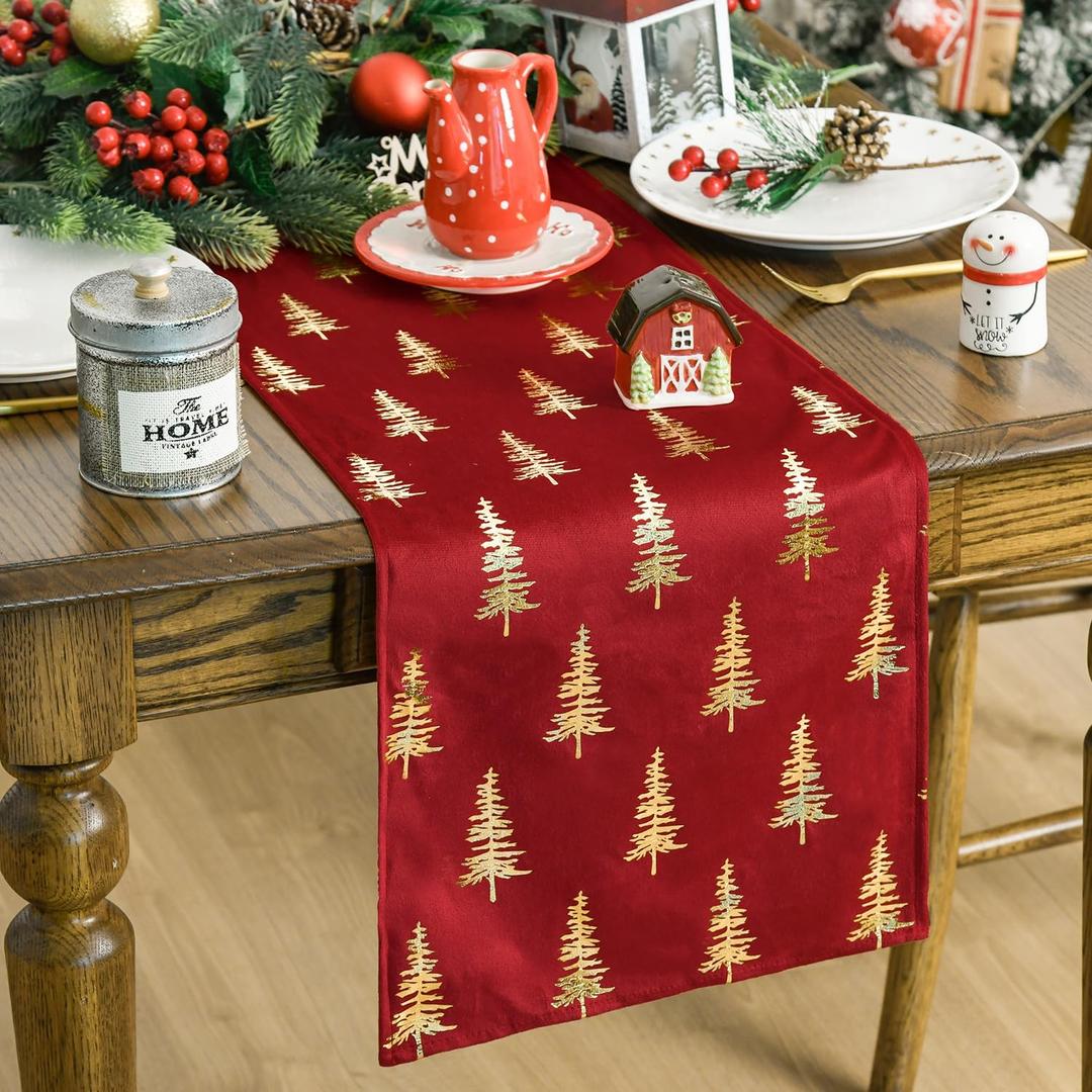 Artoid Mode Christmas Tree Red Dutch Fleece Table Runner, Glitter Metallic Foil Holiday Kitchen Dining Table Decoration for Home Party Decor 13x72 Inch