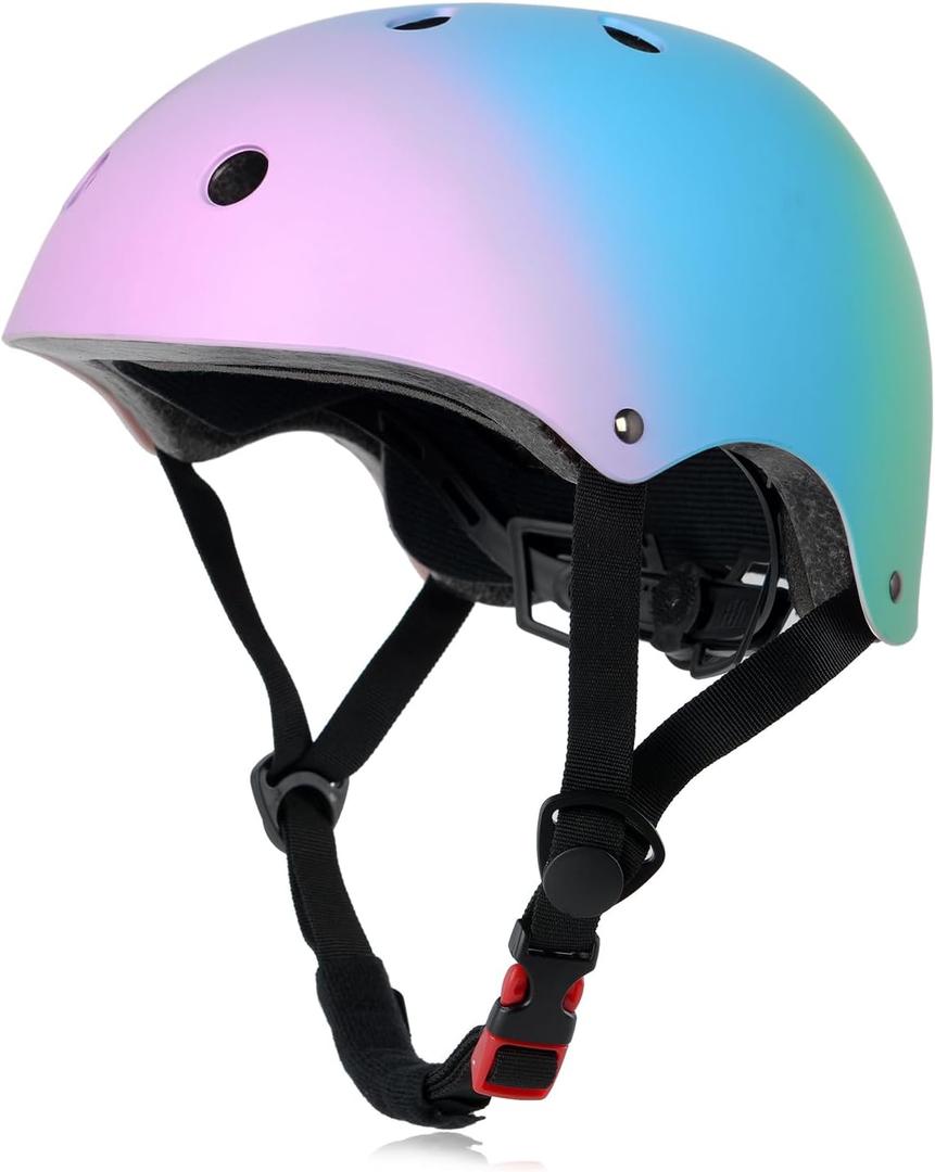 Kids Bike Helmet, Adjustable and Multi-Sport, from Toddler to Youth, 3 Sizes (Medium: 21.3" - 22.4", Pink Blue Green)