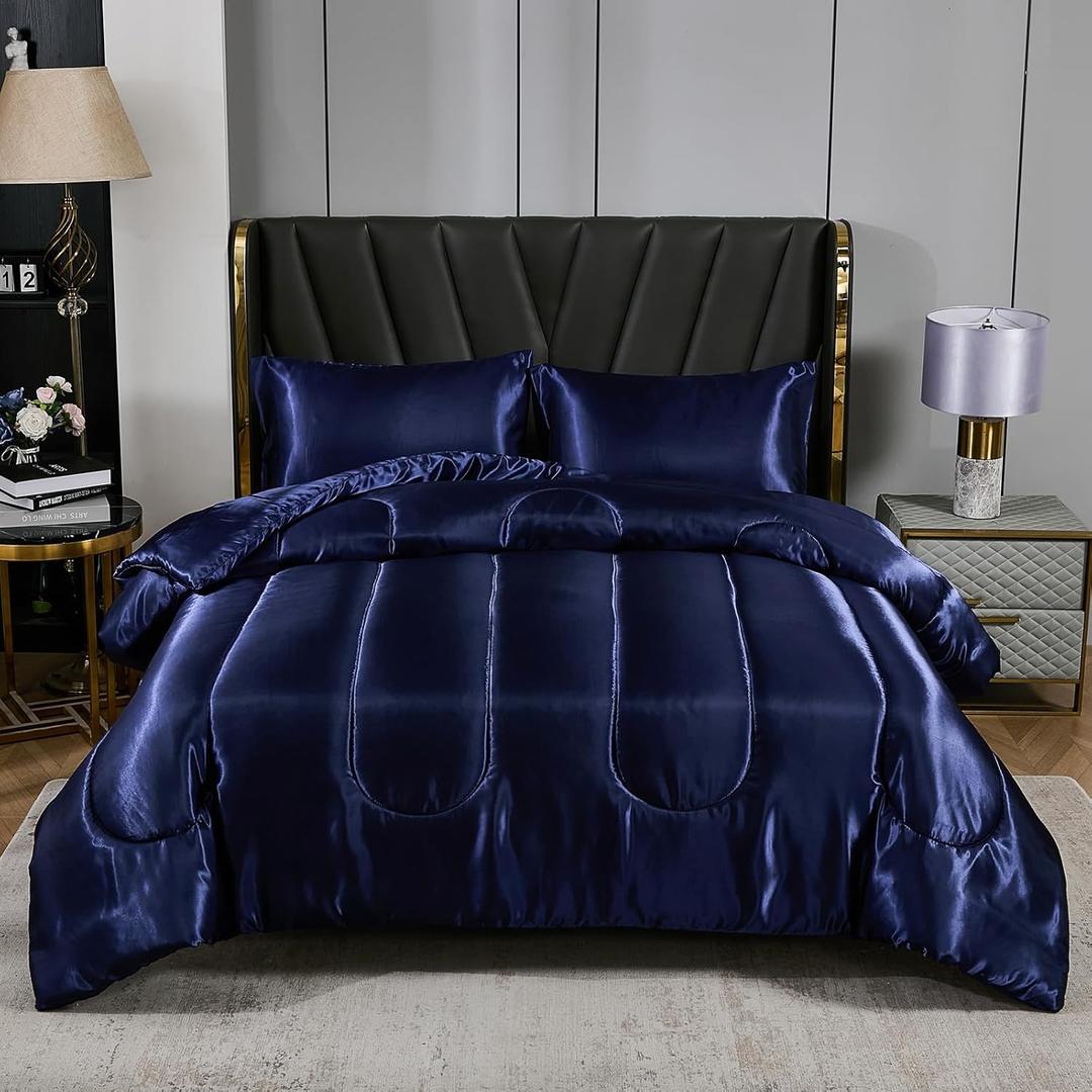 Satin Comforter Set King Silk Like Silky Bedding Set Luxury Hotel Silky Bed Home Deocr Navy Blue Soft Down Comforter Silky Quilt Set
