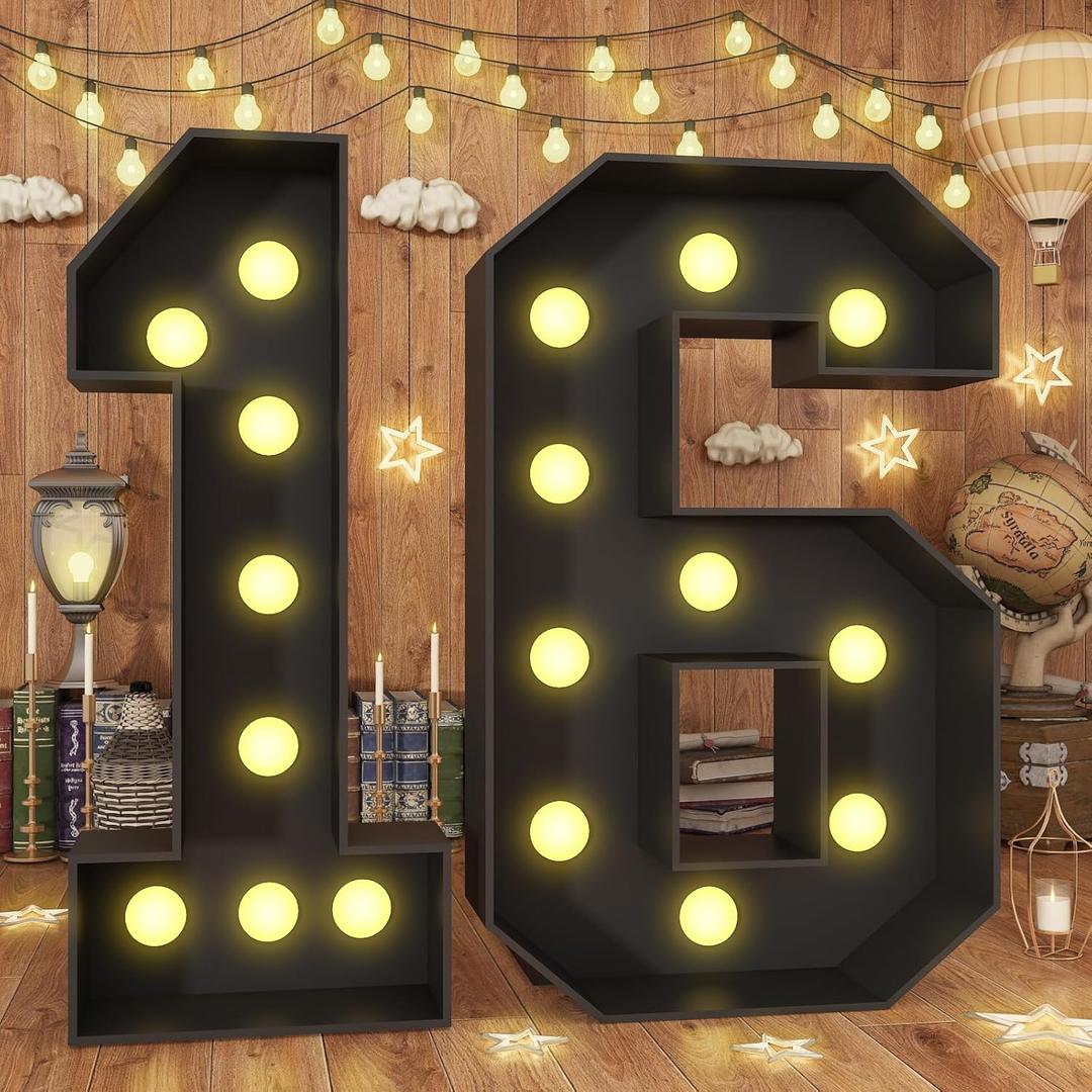 Froova 4ft Light Up Numbers 16 Large Numbers Marquee with Lights for 16th Birthday Party Boys Girls Pre-Cut Frame Mosaic Number Lights Sign 16 Cardboard Giant Cut-Out Thick Foam Board Sign Anniversary