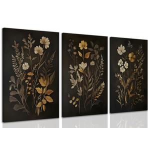 Yudinbin Vintage Dark Botanical Canvas Wall Art Set of 3 Cottagecore Academia Wildflower Wall Decor Rustic Fall Floral Flower Poster Prints for Bedroom Living Room 24x16 Inch Framed