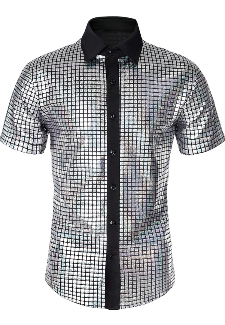 Mens 70s Shirt Short Sleeve Sequin Button Down Top Party Disco Outfit L