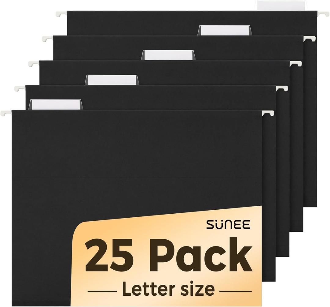 SUNEE 25 Pack Hanging File Folders, Black Folders, Hanging File Folders Letter Size with 1/5-cut Tabs, Stay Organized for Your Home and Office Bulk File and Documents