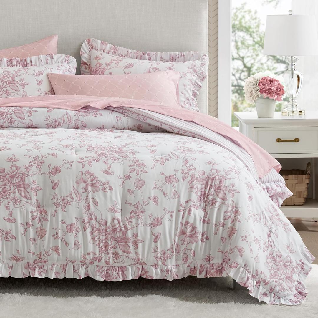 Madison Park Essentials Floral Comforter Set King Size, Complete Vintage Bedding with Sheet Set, Elegant Bed in a Bag with Reversible Ruffle Comforter for Girls, Adele Pink