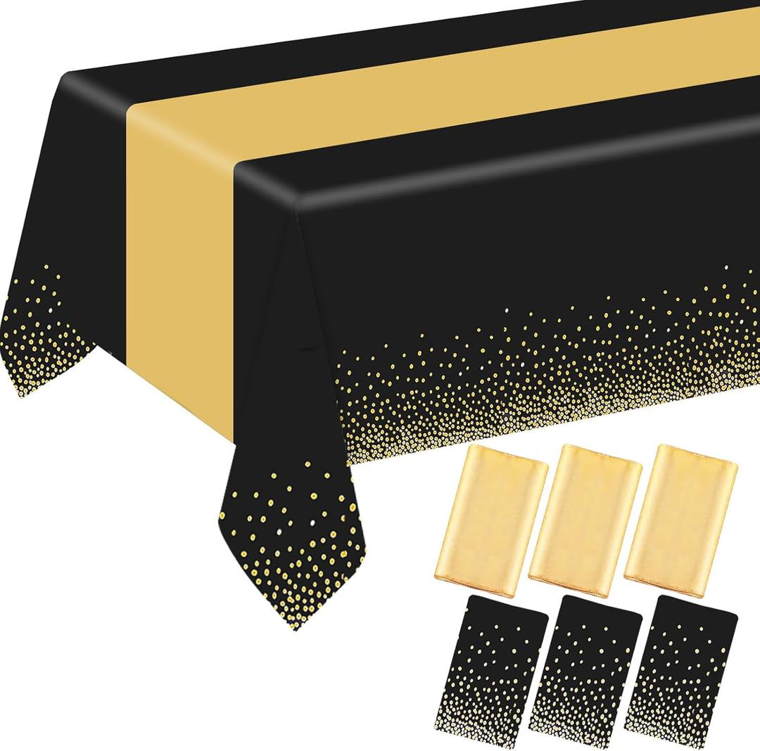 6 Pack Rectangle Plastic Dot Tablecloth Set, 54 X 108 Inch Plastic Table Cover, 12 x 108 Inch Satin Table Runners for Wedding Graduation Birthday New Year Party Decorations (Black, Gold)