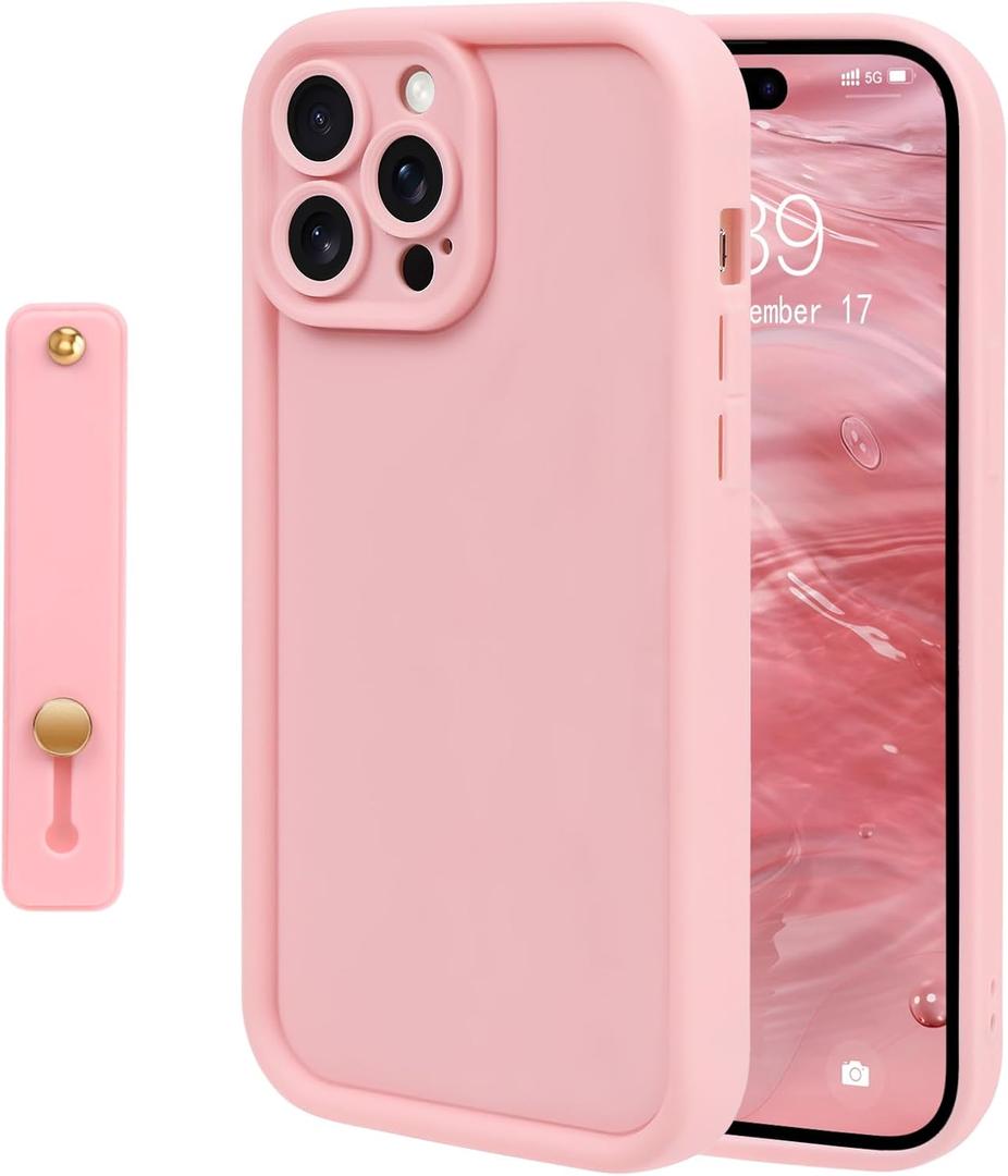 NITITOP Compatible with iPhone 13 Pro Case Cute Simple Design Stylish Enhanced Camera Protection with Wrist Adjustable Hand Strap Kickstand Grip Holder Touch Soft Protective Cover - Pink
