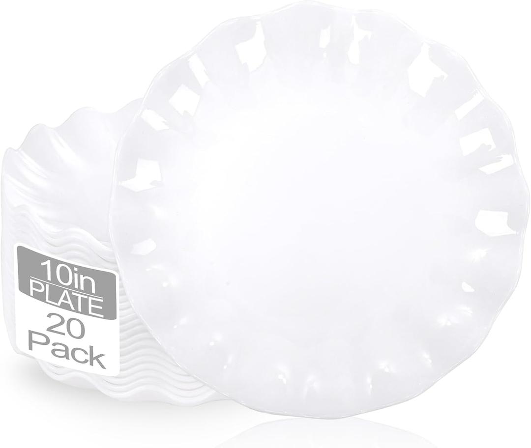 LIYH 20 Pcs Scalloped Plastic Plates Reusable 10 In - White Scalloped Plastic Dinner Plates Camping Unbreakable Outside Plate Dishwasher Safe for Wedding Party Birthday Picnic - BPA Free