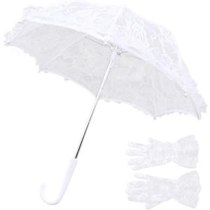 Mini White Lace Parasol Umbrella with Lace Gloves for Kids, Small Wedding Umbrella for Tea Party Wedding Photo Props