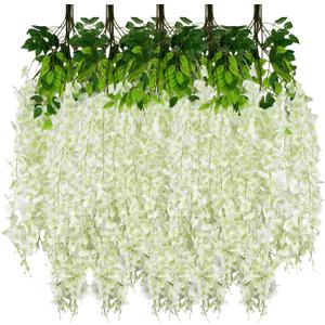 24PCS Ivory Artificial Wisteria Hanging Flowers, 3.44 Ft Fake Hanging Flowers Garland Silk Flowers, Faux Wisteria Garland Vines for Outdoor Yard Garden Patio, Wedding Arch Backdrop Home Decoration