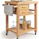 Kitchen Island, Rolling Butcher Block Kitchen Cart on Wheels, Bamboo Kitchen Trolley with Drawers, Shelves, Towel Rack, Small Kitchen Island Cart for Dining Room
