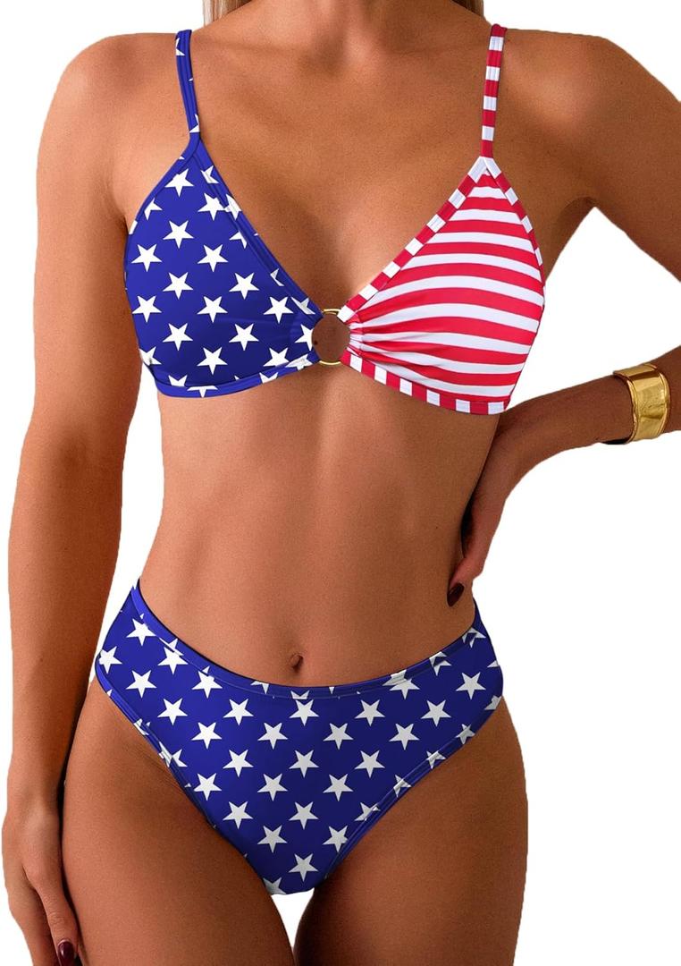 Tainehs Women's Two Piece Bikini Sets O Ring Front Top Ditsy Floral Triangle Swimsuits Cheeky Bathing Suit (American Flag)