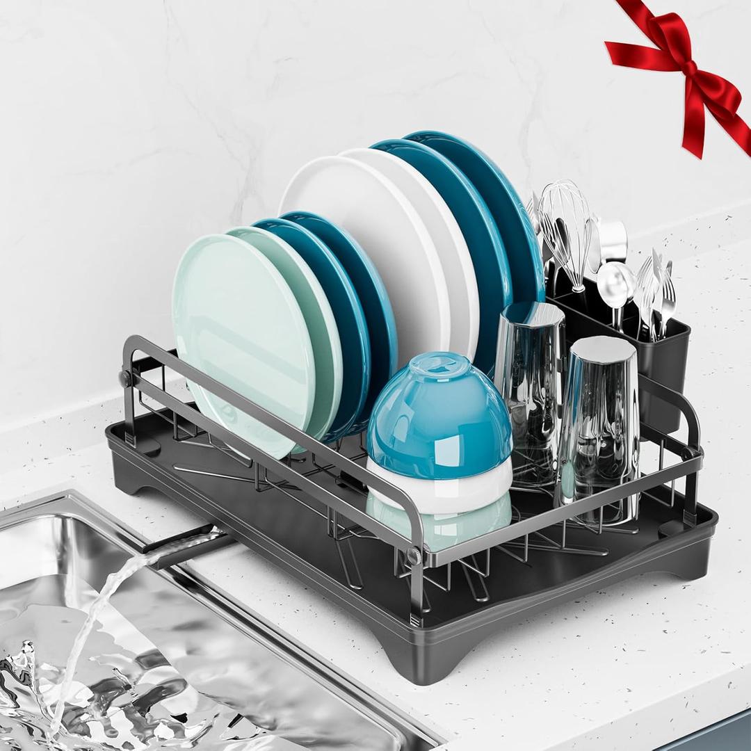 Dish Drying Rack Kitchen - Dish Racks for Kitchen Counter Space-Saving, Dish Drainer with Automatic Drain and Adjustable Spout, Dishwasher Rack with Cutlery Holder, 16.5" D x 11.6" W x 6.6" H (1 Tier - Black)