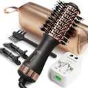 120-240V Travel Brush Hair Dryer, Small Hair Straightener Brush with European Plug Adapter for International Travel, 4 in 1 Hot Air Styler & Dryer for Drying Straightening Curling Volumizing (50 mm, Black)