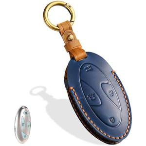 Aoocar Leather Key Fob Cover, Compatible with 2023 2024 2025 Hyundai Ioniq 6 Grandeur GN7, fit for Sonata Elantra Kona Santa Fe 2024 2025, No Screw Design Key Holder Protector (5 Button, Blue)