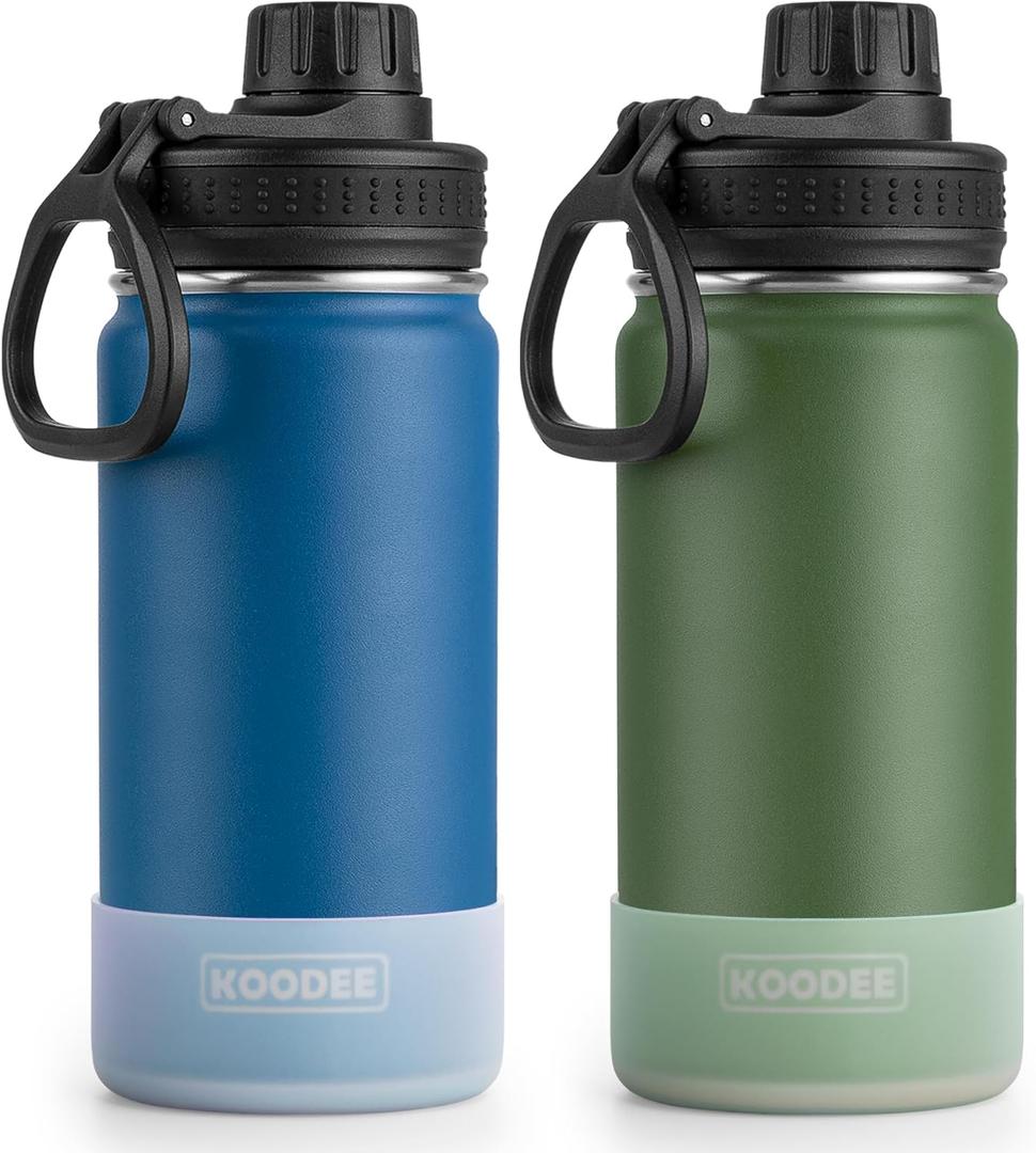 koodee Water Bottle 2 Pack 16 oz Stainless Steel Vacuum Insulated Water Bottle Wide Mouth Sports Flask with Leakproof Spout Lid (Navy and Grass Green)