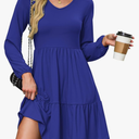 ANRABESS Long Sleeve Midi Dresses for Women Casual 2026 Spring Crewneck A Line Tiered Flowy Loose Trendy Dresses with Pockets Blue Large