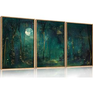 Large Vintage Moon and Star Forest Framed Canvas Wall Art,Mystical Night Sky Scenery Wall Decor,Moody Tree Landscape Artwork,Magical Midnight Art Print for Living Room,Bedroom,Office- 16"x24"x3