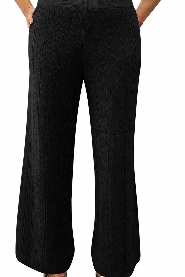Women's Knit Wide Leg Pants, Cable Pattern, Elastic Waist, One Size, Black