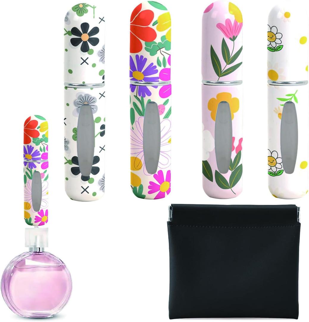 2 x Perfume Travel Refillable Bottle Portable Mini Sprayer,Empty Perfume Bottles with Unique Patterns,Refill Pump Case for Traveling and Outgoing,4 Pcs of 5 ml and Outgoing (Fresh Flower Series)