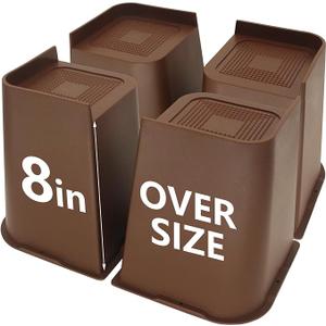 Bed Risers 8 inch Heavy Duty Dark Brown, 4 Pack Oversized Furniture Risers, Bed Lifts Risers for Table, Chair, Couch, Desk, Bed Frame Risers Supports Up to 6,500 Lbs