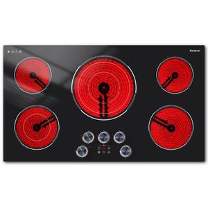 Electric Cooktop 36 Inch Karienvir, 5 Burner 9200W Electric Stove Top with Dual-Ring & Triple-Ring Burners, 220V-240V Hardwired Cooktop, 36" Cook top With Knob Control 9 Level Power, Timer, Lock