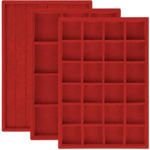 Rocutus Jewelry Trays,3 Pack Stackable Velvet Jewelry Organizer Tray Drawer Jewelry Storage Tray,Divided Ring Organizer Tray for Earrings, Necklaces, Bracelets,13.8"x9.5"x1.2" (Red)