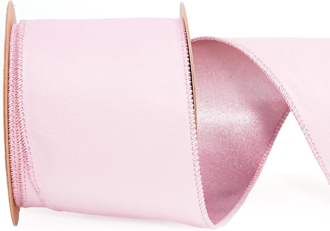 LaRibbons Quartz Pink Reversible Velvet Lurex Wired Ribbon, 4 Inch Crushed Velvet Ribbon for Gift Wrapping, Christmas Tree Decoration, Crafts Wreaths Supplies, 10 Yard