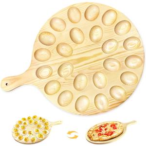 24 Holes Deviled Egg Platter, Wooden Round Deviled Egg Tray, Charcuterie Board Tray Holder Carrier for Kitchen Countertops, Serving Tray, Pizza, Pies, Barbecue, Snacks