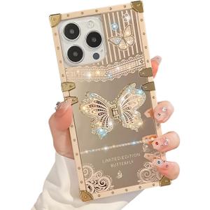 Cute Compatible with iPhone 15 Pro Max Case with Luxury Bling Glitter Butterfly Foldable Stand Kickstand,Glitter Soft PC Mirror Bumper Protective Cover for Women & Girls(Light Gold)