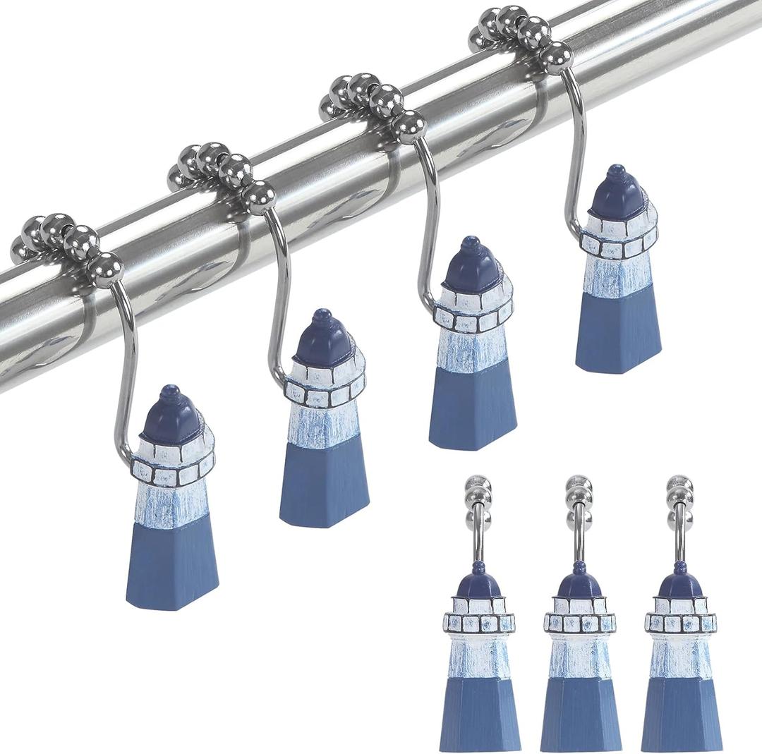 Lighthouse Decorative Shower Curtain Hooks,5 Roller Ring Balls Designed Coastal Hooks for Bathroom Curtains,Set of 12