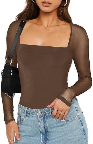 Bellcoco Women's Sexy Mesh Long Sleeve Tops Square Neck Blouse Slim Fit See Through Shirt Going Out Party Clubwear M Brown