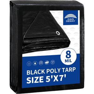 RAINDEWAY Small Black Tarp 5x7 Feet, UV Resistant, 8 Mil Multipurpose Medium Duty Waterproof Poly Tarp Cover with Metal Grommets and Reinforced Edges