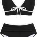 ZAFUL Womens High Waisted Bikini Sets Sexy V Neck Two Piece Swimsuit Cute Bow Ruched Bathing Suit (Black, L)
