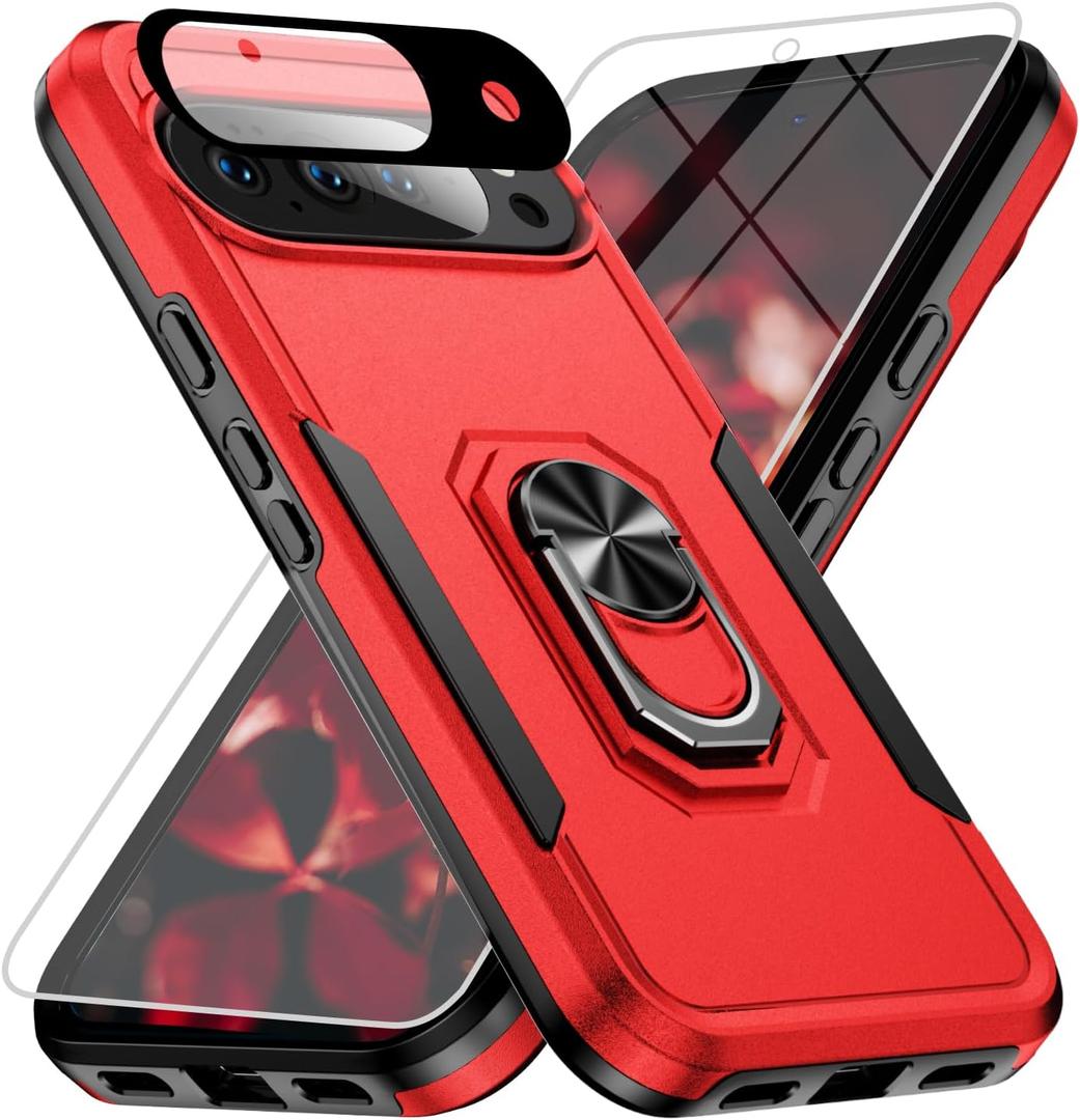 for Google Pixel 10 Case [15 FT Military Grade Drop Protection] with Screen Protector & Lens Protector Heavy-Duty Shockproof Kickstand Case for Pixel 10 Red