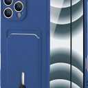 MZELQ TPU Wallet Compatible with iPhone 16 Pro Case, Card Holder Camera Protection Cover + Screen Protector, Push-able Slot for Girls Women -Blue