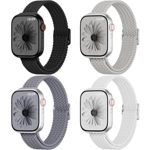 4 Pack Slim Braided Stretchy Compatible with Apple Watch Band 38mm 42mm 40mm 44mm 41mm 45mm 46mm 49mm Women Men, Solo Loop Nylon Thin Strap for iWatch Series 11 10 9 8 7 SE 6 5 4 3 Ultra (Black/Grey/Blue Grey/White)