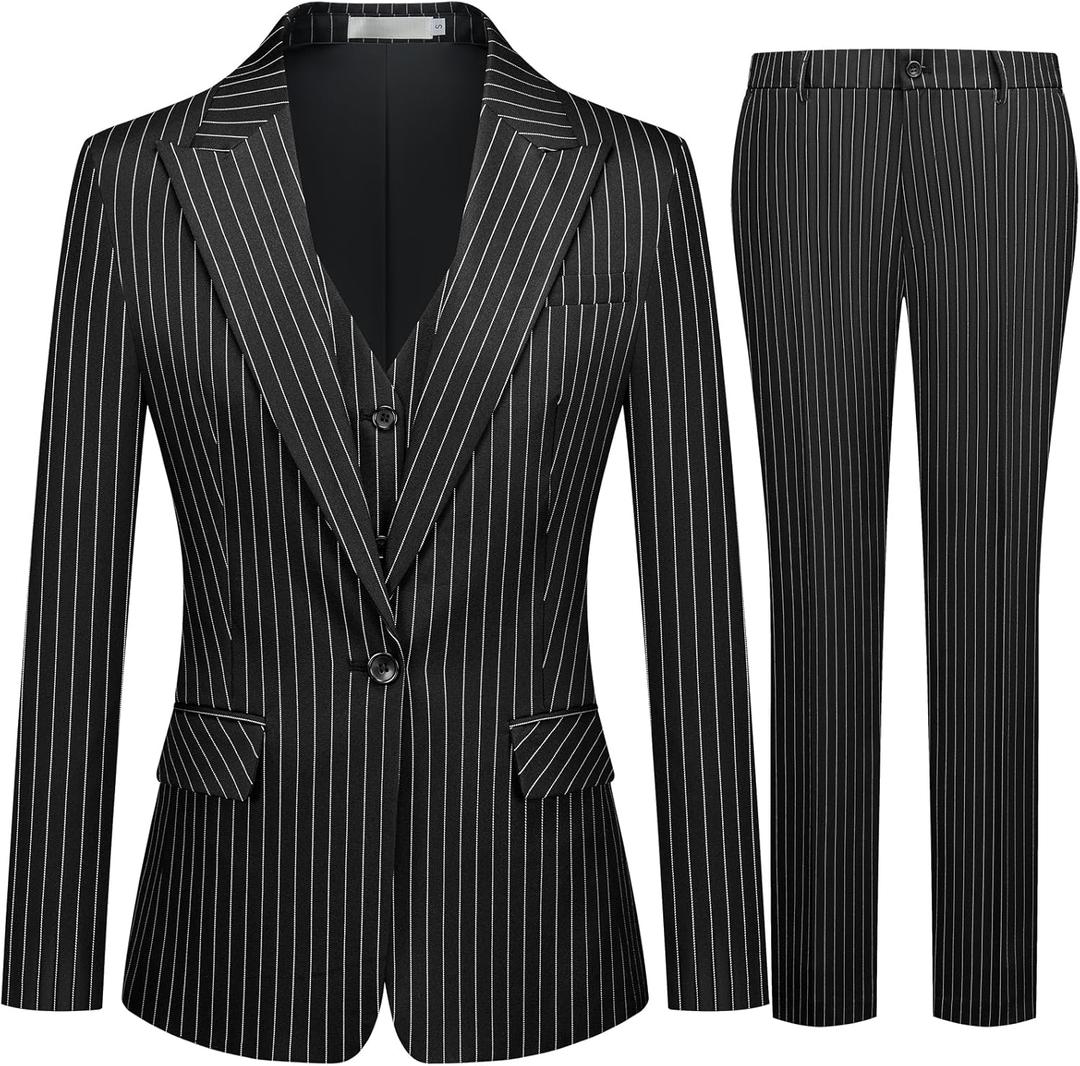 Kelyaa Women's 3 Piece Striped Suit One Button Slim Fit Business Work Professional Blazer Jacket Vest Pants Set (Black, M)