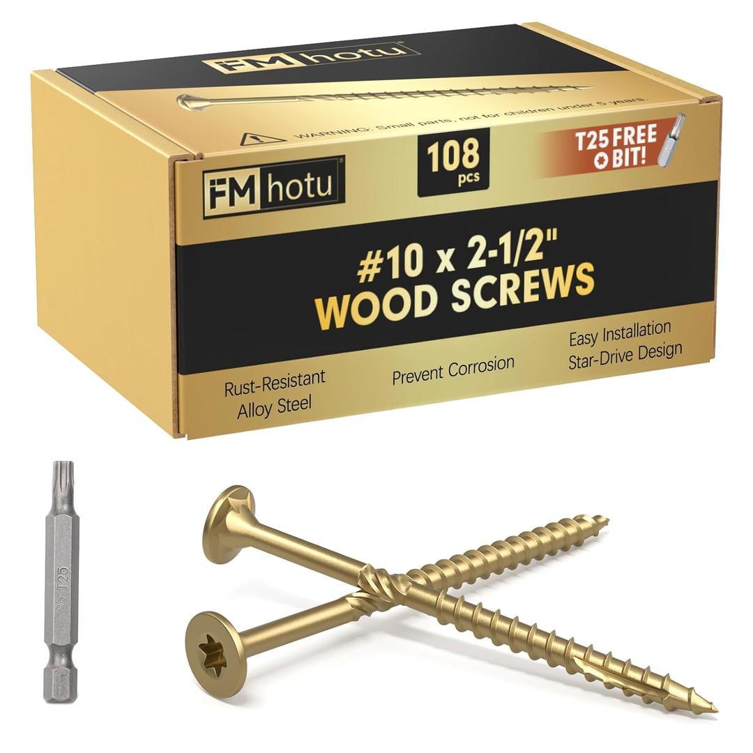 #10 x 2-1/2 Deck Screws, 108Pcs Star Drive Wood Screws, Rust Resistant Timber Screws for Timber/Log/Landscaping Wood, T25 Star Bit Included, Gold